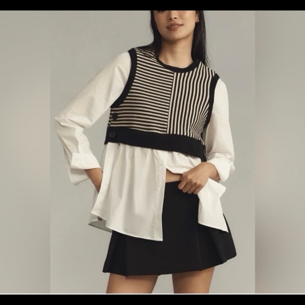 Anthropologie Maeve Black and White Striped Vest with White Blouse - Picture 4 of 5